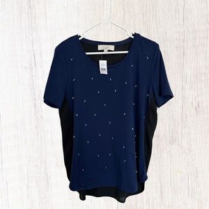 LOFT Navy Blue & Black Short Sleeve Blouse Rhinestones L